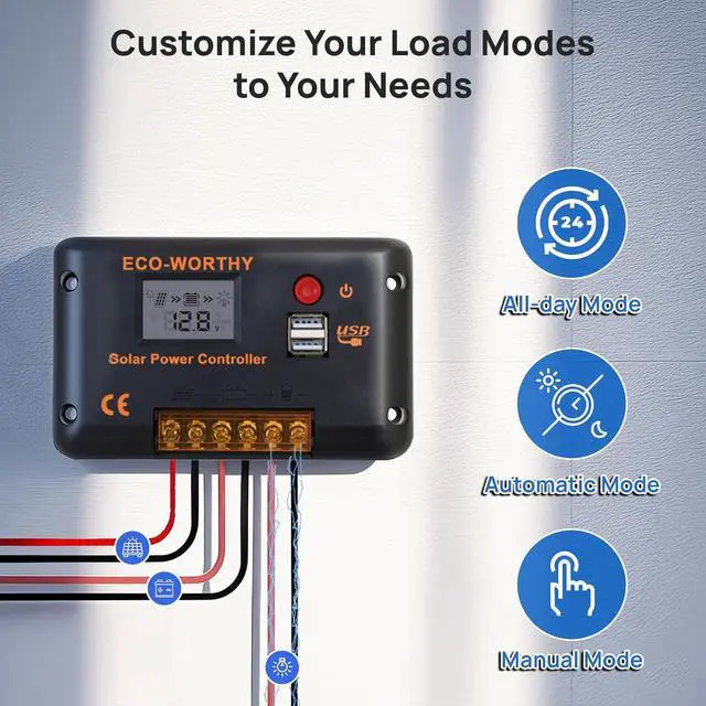 Alt view image 6 of 7 - ECO-WORTHY 30A 12/24V PWM Solar Charger Controller with Bluetooth | Solar Panel Battery Intelligent Regulator with Dual USB Ports Auto,Negative Ground for 12V/24V Lithium,Lead-Acid,Gel Battery