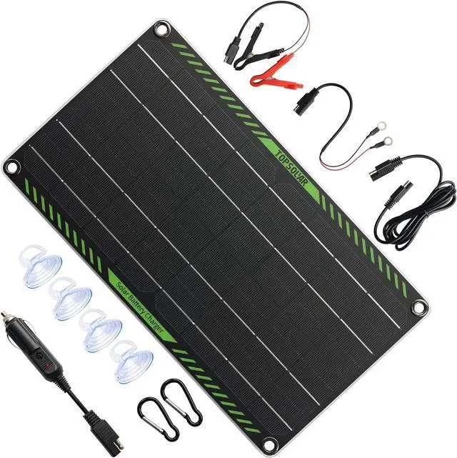 Main image of Topsolar 10 Watt 12 Volt Solar Trickle Charger 10W 12V Solar Panel Car Battery Charger Portable Solar Battery Maintainer for Car Motorcycle Boat Marine RV + Cigarette Lighter Plug Alligator Clip