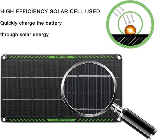 Alt view image 3 of 6 - Topsolar 10 Watt 12 Volt Solar Trickle Charger 10W 12V Solar Panel Car Battery Charger Portable Solar Battery Maintainer for Car Motorcycle Boat Marine RV + Cigarette Lighter Plug Alligator Clip