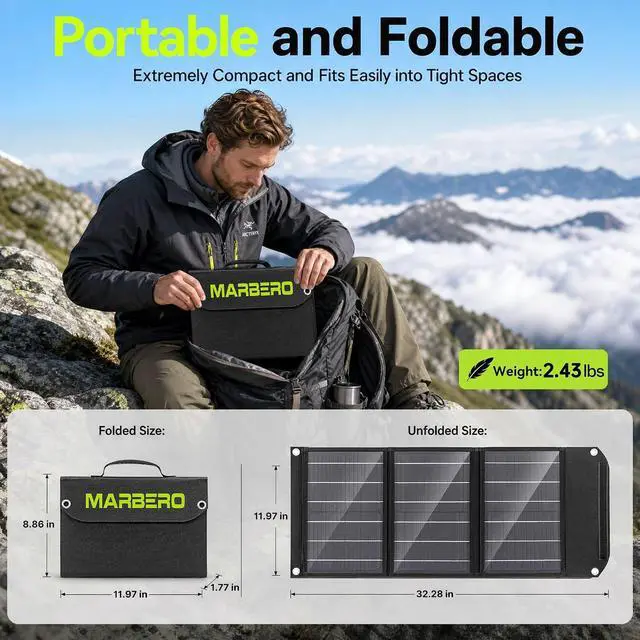 Alt view image 2 of 7 - MARBERO Portable Solar Panel 30W Solar Panel Charger 23% High Efficiency Foldable Solar Panels QC3.0 USB & DC Port Compatible with Cell Phone Ipad Laptop IP65 Waterproof for Camping Outdoor Cloudy