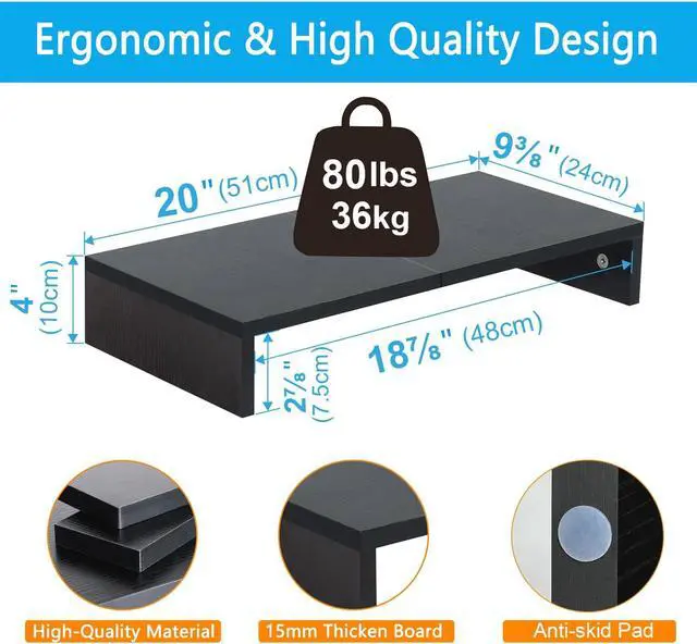 Alt view image 5 of 7 - TEAMIX 20 Inch Monitor Stand Riser for Desk, Wood Computer Stand, Black | Fits Laptop, Printer, TV, PC Tower, Full Keyboard Storage Underneath, Ergonomic, Desk Organizer for Home Office, Gaming Setup