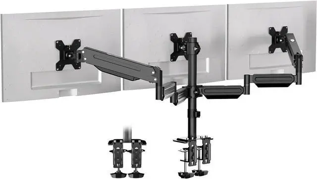 Main image of Pholiten Triple Monitor Mount for17-32 inches Screen, 2 Gas Spring Arms | Fully Adjustable Heavy Duty Monitor Arm, Clamp & Grommet Mounting, Holds 22 lbs Each
