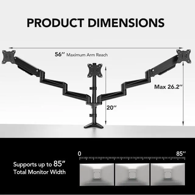 Alt view image 3 of 7 - HUANUO Triple Monitor Mount for 17 to 32 inch Screens, Adjustment Gaming Triple Monitor Stand with Swivel, Tilt, Rotation, Clamp & Grommet Kit