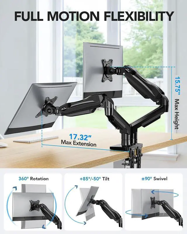 Alt view image 3 of 7 - HUANUO FlowLift Dual Monitor Stand, Fully Adjustable Gaming Monitor Desk Mount for 1332 Computer Screens, Full Motion VESA 75x75/100x100 with C-Clamp & Grommet Base, Each Arm Holds 4.4 to 19.8 lbs