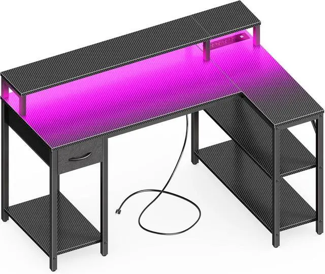 Main image of SUPERJARE 47 inch L Shaped Gaming Desk with LED Lights & Power Outlets, Reversible Computer Desk with Shelves & Monitor Stand, Corner Desk with Drawer, for Home & Office, Carbon Fiber Black