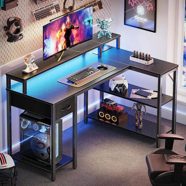Alt view image 2 of 7 - SUPERJARE 47 inch L Shaped Gaming Desk with LED Lights & Power Outlets, Reversible Computer Desk with Shelves & Monitor Stand, Corner Desk with Drawer, for Home & Office, Carbon Fiber Black