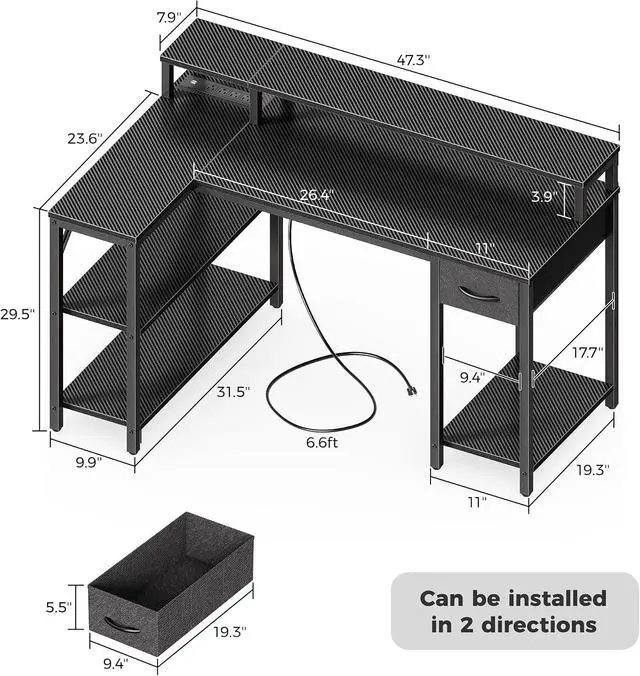 Alt view image 3 of 7 - SUPERJARE 47 inch L Shaped Gaming Desk with LED Lights & Power Outlets, Reversible Computer Desk with Shelves & Monitor Stand, Corner Desk with Drawer, for Home & Office, Carbon Fiber Black