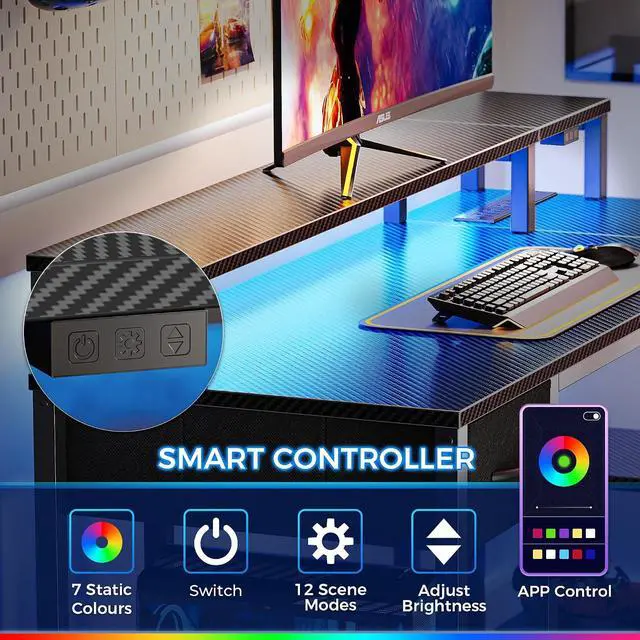 Alt view image 4 of 7 - SUPERJARE 47 inch L Shaped Gaming Desk with LED Lights & Power Outlets, Reversible Computer Desk with Shelves & Monitor Stand, Corner Desk with Drawer, for Home & Office, Carbon Fiber Black