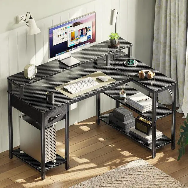 Alt view image 7 of 7 - SUPERJARE 47 inch L Shaped Gaming Desk with LED Lights & Power Outlets, Reversible Computer Desk with Shelves & Monitor Stand, Corner Desk with Drawer, for Home & Office, Carbon Fiber Black