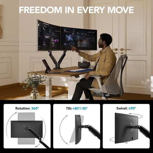 Alt view image 3 of 7 - HUANUO Dual Monitor Stand for 1340, Premium Dual Monitor Mount with USB, Height Adjustable Monitor Stand for 2 Monitors, VESA Mount with Clamp/Grommet Base, Holds 26.4lbs per Arm, HNDS7