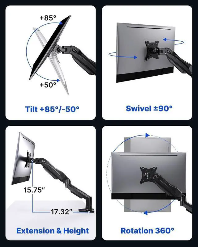 Alt view image 5 of 7 - HUANUO FlowLift Single Monitor Mount, 13 to 32 Inch Monitor Arm, Adjustable Monitor Stand, Vesa Mount with Clamp and Grommet Base - Fits 4.4 to 19.8lbs LCD Computer Monitors