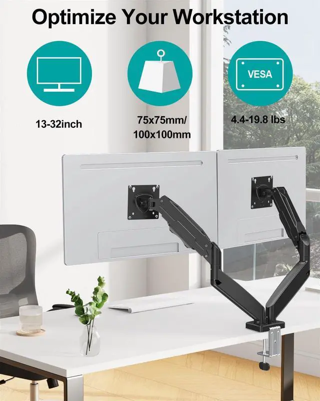Alt view image 2 of 7 - MOUNT PRO Dual Monitor Mount Fits 13 to 32 Inch Screen, Height Adjustable Monitor Stand for 2 Monitors, Full Motion Display Arm Holds up to 19.8lbs Each, Computer Desk VESA Mount, Black