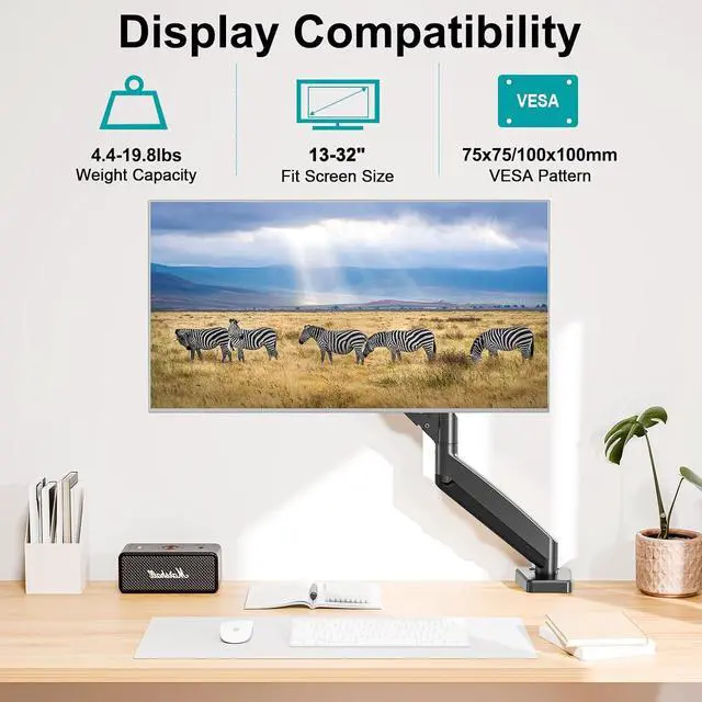 Alt view image 3 of 7 - Single Monitor Mount, Fully Adjustable Monitor Arm Fits Max 32" Screen | Gas Spring VESA Mount with Clamp & Grommet Base, Computer Desk Arm with Tilt Swivel Rotate, Holds up to 19.8lbs