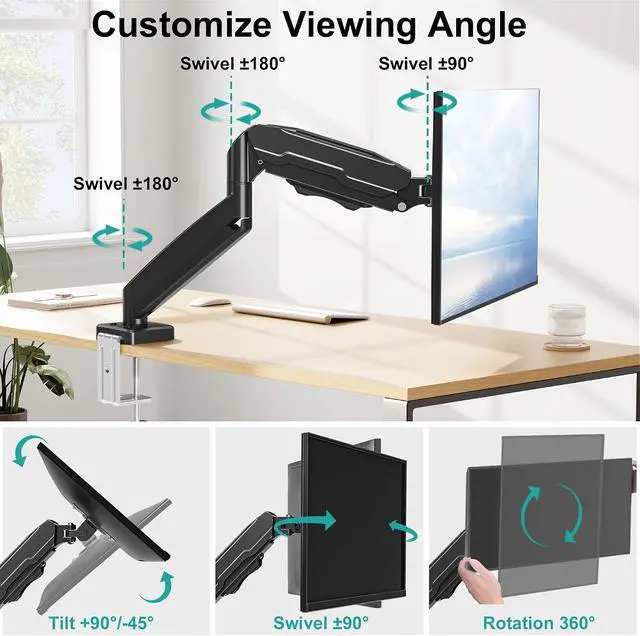 Alt view image 4 of 7 - Single Monitor Mount, Fully Adjustable Monitor Arm Fits Max 32" Screen | Gas Spring VESA Mount with Clamp & Grommet Base, Computer Desk Arm with Tilt Swivel Rotate, Holds up to 19.8lbs