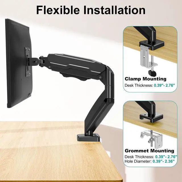 Alt view image 7 of 7 - Single Monitor Mount, Fully Adjustable Monitor Arm Fits Max 32" Screen | Gas Spring VESA Mount with Clamp & Grommet Base, Computer Desk Arm with Tilt Swivel Rotate, Holds up to 19.8lbs
