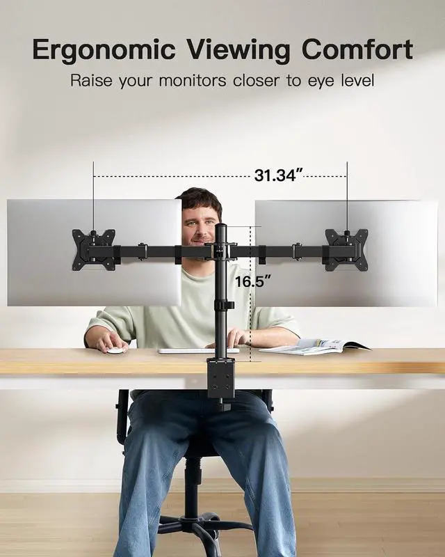Alt view image 5 of 7 - HUANUO Dual Monitor Mount for 2 Monitors up to 32 inches, Heavy Duty Dual Monitor Stand Holds up to17.6lbs, Dual Monitor Arm with Height Adjustable Tilt Swive Rotate, VESA Hole 75mm or 100mm