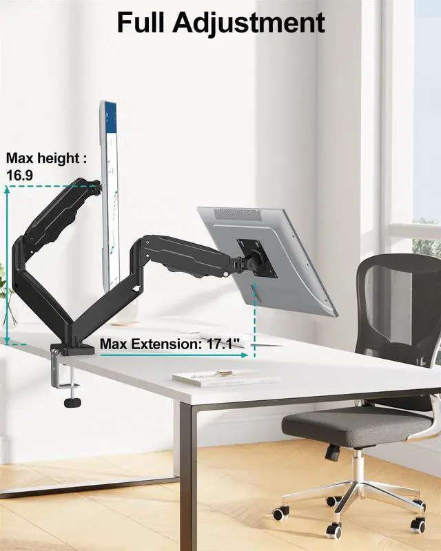 Alt view image 7 of 7 - MOUNT PRO Dual Monitor Mount Fits 13 to 32 Inch Screen, Height Adjustable Monitor Stand for 2 Monitors, Full Motion Display Arm Holds up to 19.8lbs Each, Computer Desk VESA Mount, Black