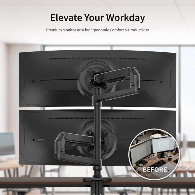 Alt view image 4 of 7 - Ergounion Dual Monitor Mount, Holds Screens up to 40 Inches and 25 lbs, Fully Adjustable Dual Monitor Arm with C-Clamp and Grommet Base, Aluminum, Black