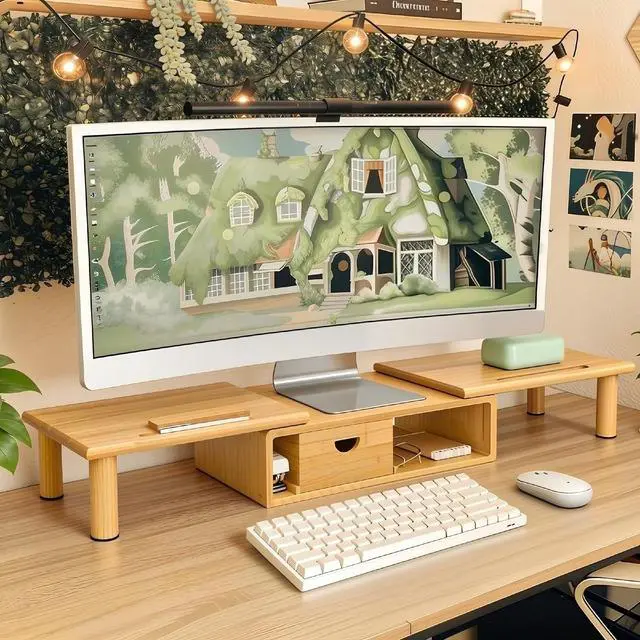Alt view image 2 of 7 - Dual Monitor Stand Riser with Drawer for Desk Laptop | Desk Shelf with Adjustable Length and Angle, Bamboo Computer Stand Riser for 2 or 3 Monitors Screen Laptop PC TV -Natural