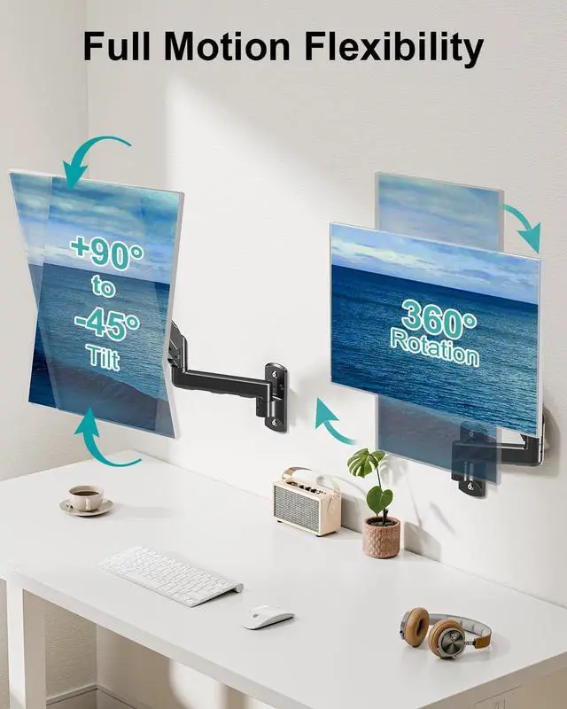 Alt view image 2 of 7 - MOUNT PRO Single Monitor Wall Mount for 13 to 32 Inch Computer Screens, Height Adjustable Wall Mount Monitor Arm Holds Up to 19.8lbs, Full Motion Wall Bracket, VESA Mount 75x75, 100x100, Black