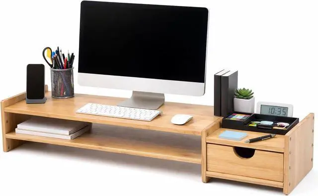 Main image of Bamboo 2-Tier Monitor Stand Riser with Drawers, Desktop Organizer for Laptop, Computer, Printer, Cellphone - Reduce Neck & Eye Strain, Office & Home Use