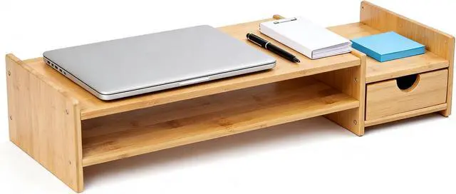 Alt view image 2 of 7 - Bamboo 2-Tier Monitor Stand Riser with Drawers, Desktop Organizer for Laptop, Computer, Printer, Cellphone - Reduce Neck & Eye Strain, Office & Home Use