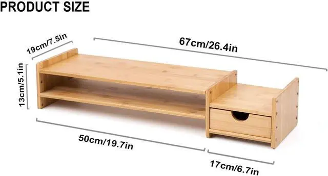 Alt view image 5 of 7 - Bamboo 2-Tier Monitor Stand Riser with Drawers, Desktop Organizer for Laptop, Computer, Printer, Cellphone - Reduce Neck & Eye Strain, Office & Home Use
