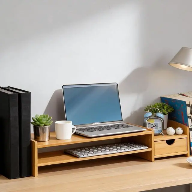 Alt view image 4 of 7 - Bamboo 2-Tier Monitor Stand Riser with Drawers, Desktop Organizer for Laptop, Computer, Printer, Cellphone - Reduce Neck & Eye Strain, Office & Home Use