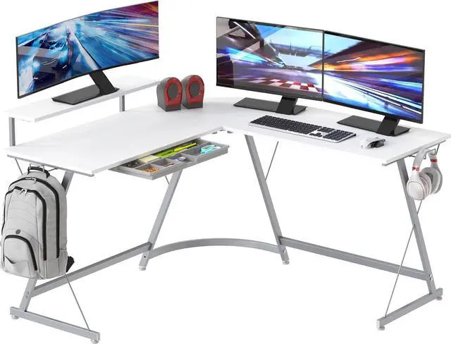 Main image of SHW 51 x 51 L-Shaped Corner Desk w/Monitor Stand and Drawer, White | Drawer with adjustable compartments