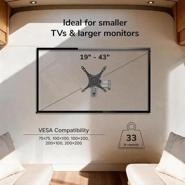 Alt view image 3 of 7 - Mount-It! Lockable RV TV Mount for Camper, Trailer, Motorhome, Truck & Boat, Full Motion, Quick Release, Rust-Resistant Aluminum, Dual Wall Plates for Indoor & Outdoor, 19-43 TVs, 33 lbs, VESA 200x200