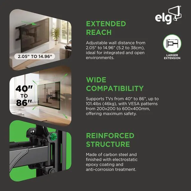 Alt view image 4 of 5 - ELG Full Motion TV Wall Mount, Ultra-Slim 2.16" Low Profile, 19.7" Extension, Swivel & Tilt, 40-86" Screens up to 99 lbs, VESA 100x100 to 600x400mm, Pre-Assembled, Steel, Black