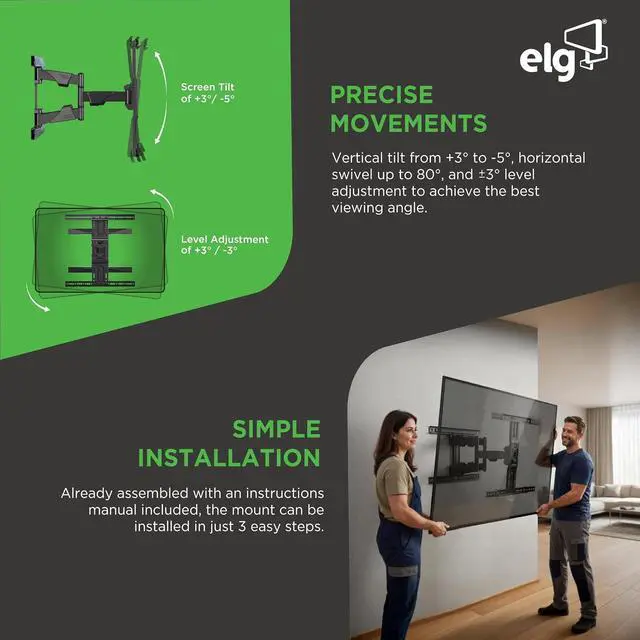 Alt view image 3 of 5 - ELG Full Motion TV Wall Mount, Ultra-Slim 2.16" Low Profile, 19.7" Extension, Swivel & Tilt, 40-86" Screens up to 99 lbs, VESA 100x100 to 600x400mm, Pre-Assembled, Steel, Black