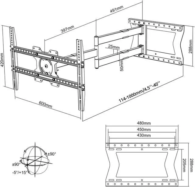 Alt view image 5 of 6 - 2100 Long arm TV Wall Mount for 32-75 Inch Screens Extra Long Extension up to 40 Inch Heavy-Duty TV Mount Holds up to 88 lbs Full-Motion, Swivels up to 180° Max. VESA 600x400, Black