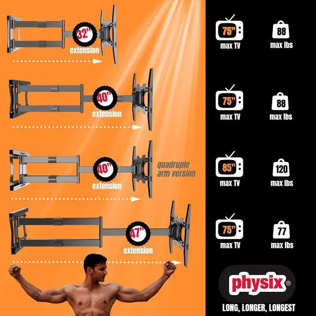 Alt view image 6 of 6 - 2100 Long arm TV Wall Mount for 32-75 Inch Screens Extra Long Extension up to 40 Inch Heavy-Duty TV Mount Holds up to 88 lbs Full-Motion, Swivels up to 180° Max. VESA 600x400, Black