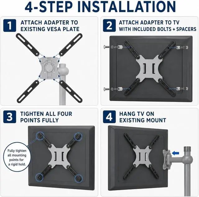 Alt view image 4 of 7 - Mount-It VESA Mount Adapter Kit, 200x200 to 400x400mm, Fits 32-55" TVs | Heavy-gauge steel kit converts 200x200mm mounts to fit 400x200 and 400x400mm patterns.