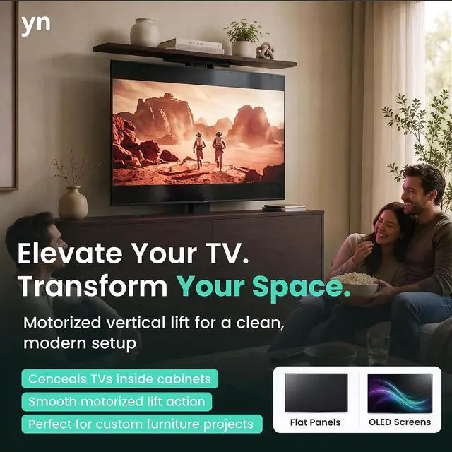 Alt view image 2 of 7 - ynVISION.DESIGN Motorized TV Lift Mount for 37"-77" TV's | Vertical Lift Motor TV Stand with RF Remote and Smart Phone Control via WiFi