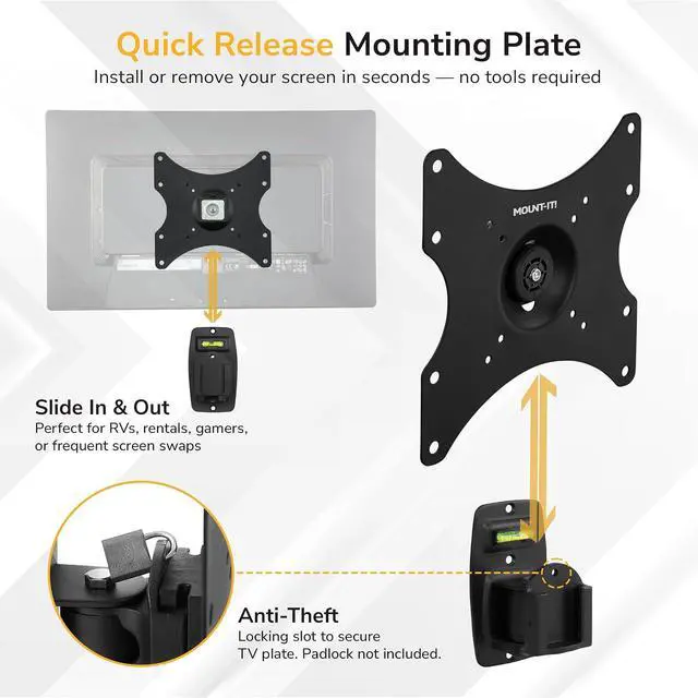 Alt view image 6 of 7 - Mount-It! Anti-Theft Locking TV Wall Mount | 2355 Inch, Swivel Tilt, Removable VESA Plate, Single Stud, Indoor/Outdoor RV Use, VESA 75x75400x400, 44 Lb