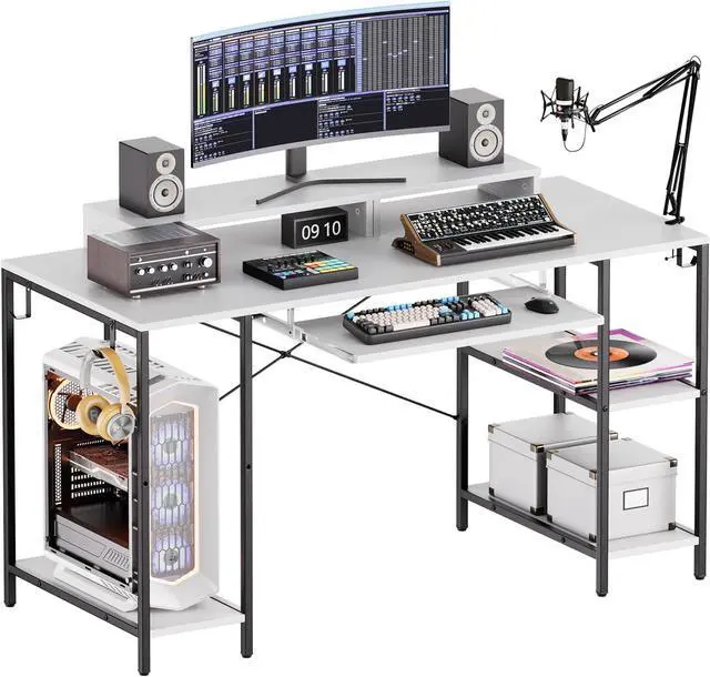 Main image of HYPIGO Computer Desk with Keyboard Tray, 55 Inch Music Studio Desk Music Production Desk with Storage Shelves Monitor Stands and 4 Iron Hooks, Workstation Gaming Table for Home Office