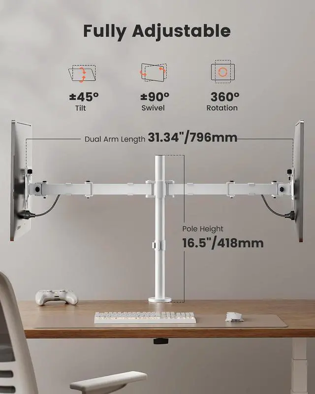 Alt view image 3 of 6 - ErGear Fully Adjustable Dual Monitor Mount for 2 Screens up to 32 Inches, Holds up to 17.6 lbs Each Arm, Desk Stand, White
