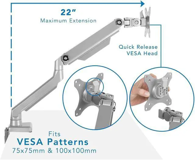 Alt view image 3 of 7 - Mount-It! Single Monitor Arm Desk Mount, Mechanical Spring Height Adjustable Monitor Stand for 1332 Inch Screens up to 17.6 lbs, VESA 75x75 & 100x100, C-Clamp & Grommet