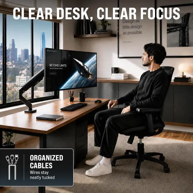 Alt view image 2 of 7 - EVEO Premium Single Monitor Arm 14"34", Adjustable Gas Spring Monitor Mount, Single Arm Desk Mount for 34 Inch Computer Screens, VESA Compatible Stand with Clamp and Grommet Base Black
