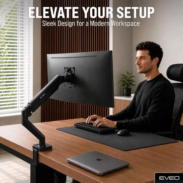 Alt view image 3 of 7 - EVEO Premium Single Monitor Arm 14"34", Adjustable Gas Spring Monitor Mount, Single Arm Desk Mount for 34 Inch Computer Screens, VESA Compatible Stand with Clamp and Grommet Base Black