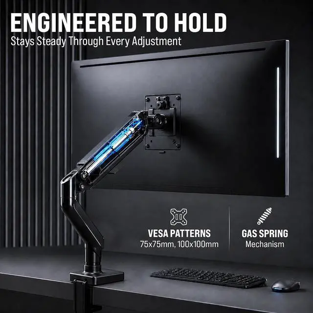 Alt view image 4 of 7 - EVEO Premium Single Monitor Arm 14"34", Adjustable Gas Spring Monitor Mount, Single Arm Desk Mount for 34 Inch Computer Screens, VESA Compatible Stand with Clamp and Grommet Base Black
