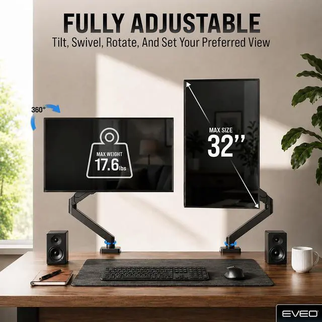 Alt view image 5 of 7 - EVEO Premium Single Monitor Arm 14"34", Adjustable Gas Spring Monitor Mount, Single Arm Desk Mount for 34 Inch Computer Screens, VESA Compatible Stand with Clamp and Grommet Base Black