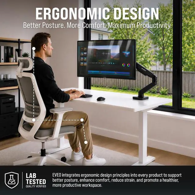 Alt view image 6 of 7 - EVEO Premium Single Monitor Arm 14"34", Adjustable Gas Spring Monitor Mount, Single Arm Desk Mount for 34 Inch Computer Screens, VESA Compatible Stand with Clamp and Grommet Base Black
