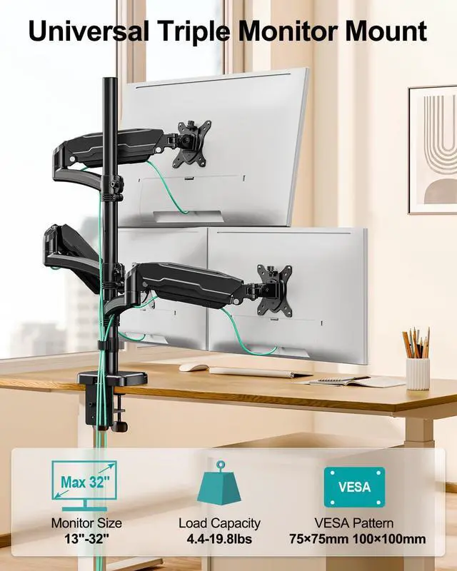 Alt view image 2 of 7 - MOUNT PRO Triple Monitor Mount for Max 32" Computer Screen, Adjustable 3 Monitor Desk Mount, up to 19.8lbs Each, Three Display Arm with Tilt Swivel Rotation, VESA Mount 75x75/100x100mm