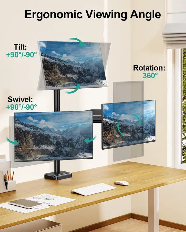 Alt view image 3 of 7 - MOUNT PRO Triple Monitor Mount for Max 32" Computer Screen, Adjustable 3 Monitor Desk Mount, up to 19.8lbs Each, Three Display Arm with Tilt Swivel Rotation, VESA Mount 75x75/100x100mm