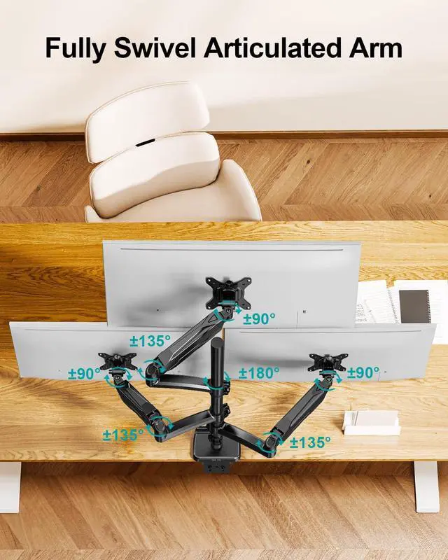 Alt view image 6 of 7 - MOUNT PRO Triple Monitor Mount for Max 32" Computer Screen, Adjustable 3 Monitor Desk Mount, up to 19.8lbs Each, Three Display Arm with Tilt Swivel Rotation, VESA Mount 75x75/100x100mm