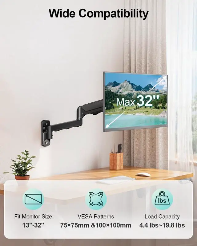 Alt view image 2 of 7 - MOUNT PRO Monitor Wall Mount for 13 to 32 Inch Screens, Holds up to 19.8lbs | Single Monitor Mount with Tilt/Swivel/Rotation Adjustable, Gas Spring Wall Arm VESA Mount 75x75mm/100x100mm