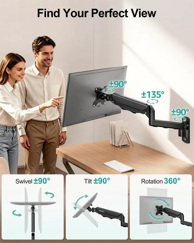 Alt view image 3 of 7 - MOUNT PRO Monitor Wall Mount for 13 to 32 Inch Screens, Holds up to 19.8lbs | Single Monitor Mount with Tilt/Swivel/Rotation Adjustable, Gas Spring Wall Arm VESA Mount 75x75mm/100x100mm